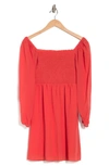 Tash And Sophie Smock Chiffon Long Sleeve Dress In Coral