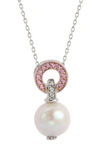 Suzy Levian Sterling Silver 10mm Freshwater Pearl & Created Sapphire Pendant In Pink