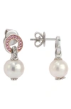 Suzy Levian Sterling Silver 8mm Freshwater Pearl & Created Sapphire Hang Earrings In Pink