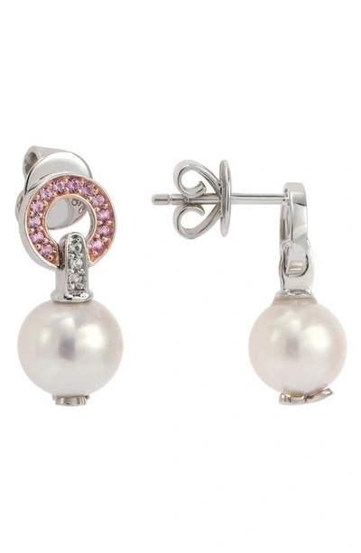 Suzy Levian Sterling Silver 8mm Freshwater Pearl & Created Sapphire Hang Earrings In Pink