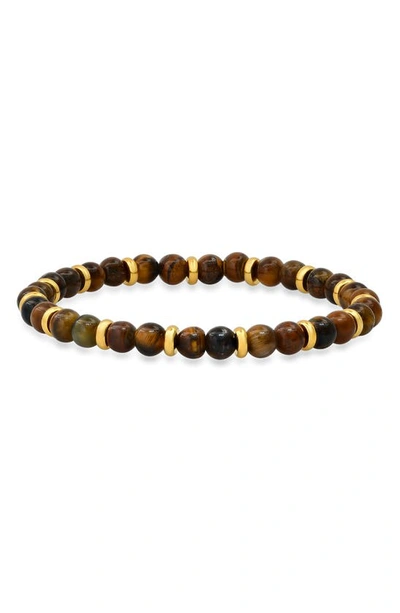 Hmy Jewelry 18k Gold Plated Tiger's Eye Beaded Stretch Bracelet In Brown/ Yellow