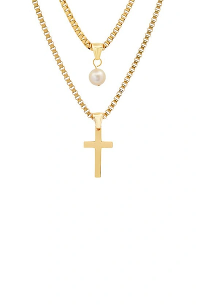Hmy Jewelry 18k Gold Plated Stainless Steel Imitation Pearl & Cross Pendant Layered Necklace In Yellow