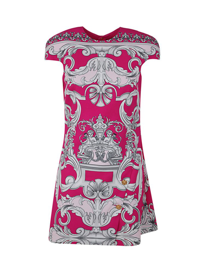 Versace Baroque Patterned Mini Dress Crew Neck Detail In Rosa