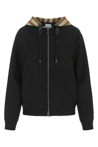 Burberry Willow Check-hood Zip-up Sweatshirt In Black