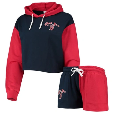 Foco Women's  Navy, Red Cleveland Guardians Colour-block Pullover Hoodie And Shorts Lounge Set In Navy,red