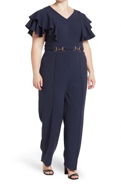 By Design Nova Flutter Sleeve Scuba Crepe Jumpsuit In Navy Blazer