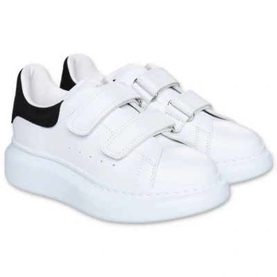 Alexander Mcqueen Kids'  Sneakers Bianche In Pelle Con Velcro In Bianco