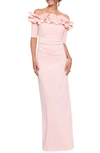 Xscape Ruffle Off The Shoulder Crepe Column Gown In Blush