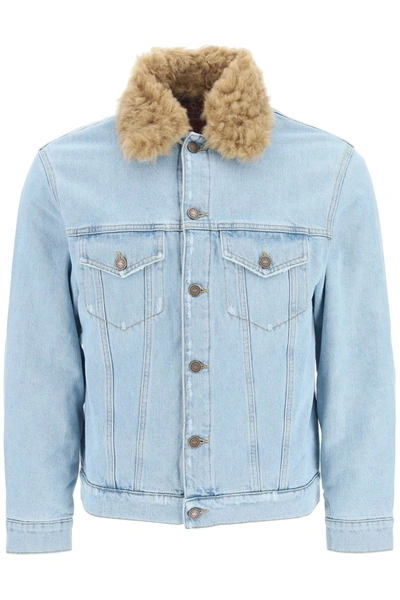 Erl Denim Jacket With Fur Collar In Multi-colored