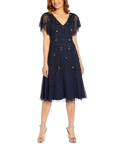 Adrianna Papell Floral Beaded Party Dress In Light Navy