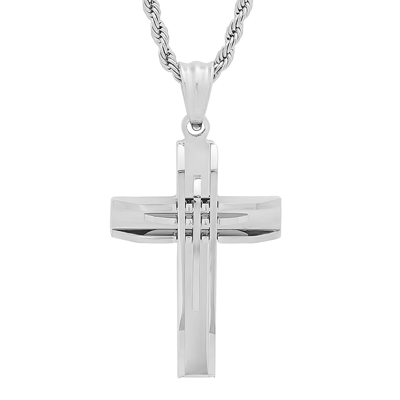 Steeltime Stainless Steel Cut Accented Cross Pendant In Grey