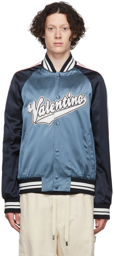 Valentino Blue And Dark Blue Bomber Jacket With Logo Patch In Multicolour