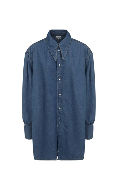 Ganni Cutout-back Organic Cotton-blend Denim Shirt Dress In Blue
