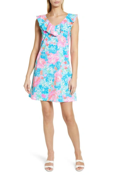 Lilly Pulitzer Alessa Floral Ruffle Neck Pima Cotton Knit Dress In Surf Blue