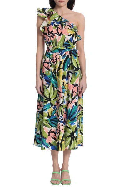 Donna Morgan For Maggy Floral One-shoulder Stretch Cotton Dress In White/ Olive Green