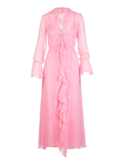 Blumarine Long Pink Silk Dress With Ruffles