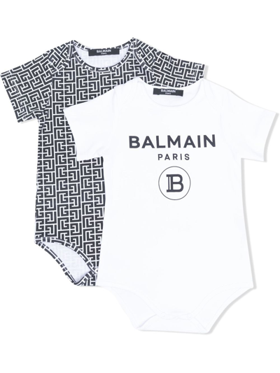 Balmain Set 2 White / Black Romper Baby Unisex In Bianco/nero