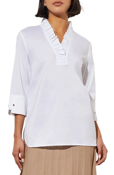 Ming Wang Ruffle Collar Stretch Cotton Blouse In White