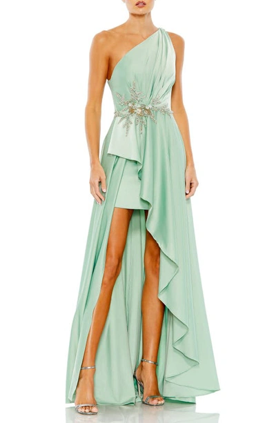 Mac Duggal One-shoulder Ruched Satin Gown In Sage