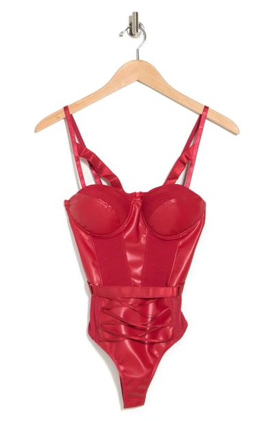 Secret Lace Vegan Leather Mesh Lace-up Bodysuit In Red