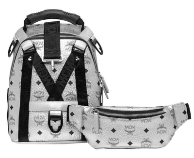 Mcm Men's Jemison Silver Coated Canvas Small 2 In 1 Backpack Belt Bag Muk9sjv23sb001