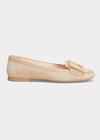 Roger Vivier Suede Buckle Flat Loafers In Beige