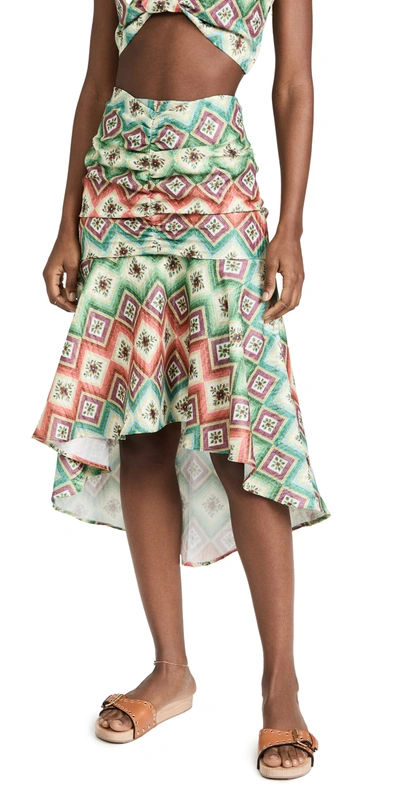 Autumn Adeigbo Soraya Geometric-print Ruched Bead-fringe Midi Skirt In Woven Diamond
