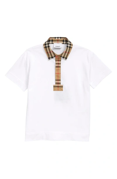 Burberry White Polo Shirt With Vintage Check Motif And Logo In Cotton Baby