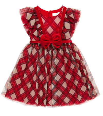 Monnalisa Kids' Tartan Printed Tulle Dress In Cream + Ruby Red