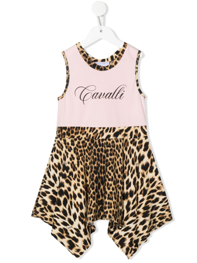 Roberto Cavalli Junior Kids' Leopard-print Asymmetric Dress In Neutrals
