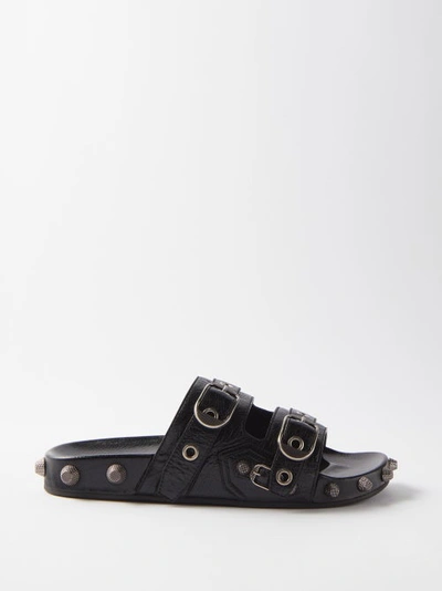 Balenciaga Men's Cagole Lambskin Buckle Slide Sandals In Black