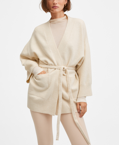 Mango Women's Knitted Cardigan With Belt In Ecru