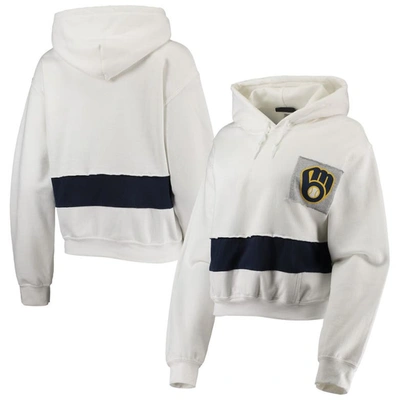 Refried Apparel Women's  White And Navy Milwaukee Brewers Cropped Pullover Hoodie In White,navy