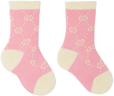 Gucci Babies' Logo Intarsia Cotton Blend Knit Socks In Rosa Ivory