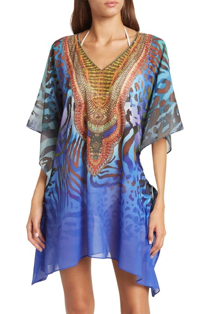 Ranee's Bright Printed Poncho In Blue