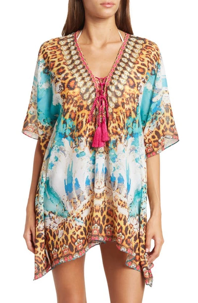 Ranee's Lace-up Printed Kimono In Turquoise