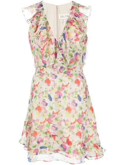 Saloni Cece V-neck Sleeveless Floral-print Ruffled Cocktail Dress In Fawn Poppies
