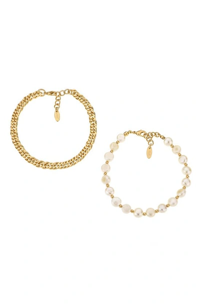 Ettika Set Of 2 Cultured Freshwater Pearl & Curb Chain Anklets In Gold