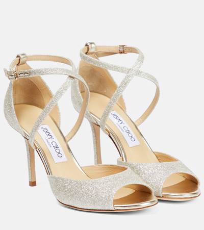 Jimmy Choo Emsy 85 Glitter Sandals In Platinum Ice