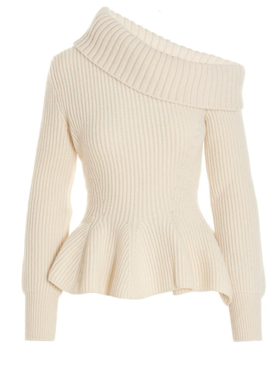 Alexander Mcqueen Woman Ivory One Shoulder Sweater With Ruffles In White