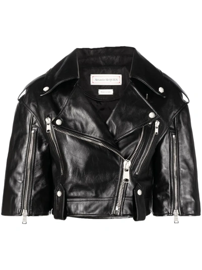 Alexander Mcqueen Cropped Biker-collar Leather Jacket In Black