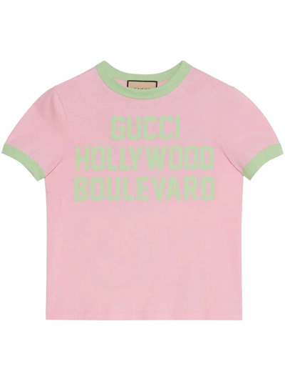 Gucci Cropped Flocked-slogan T-shirt In Pink