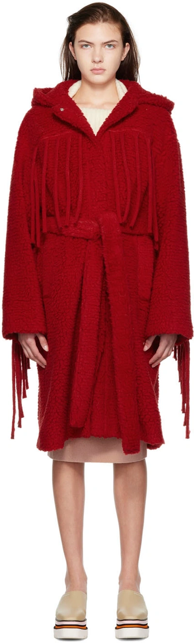 Stella Mccartney Fringe Trim Faux Shearling Teddy Coat In Red