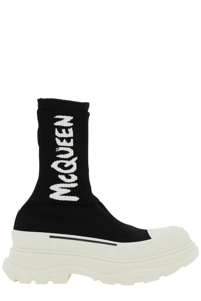 Alexander Mcqueen Women Logo Intarsia Chunky Sock Sneakers In Black/white