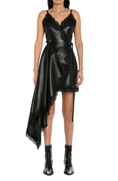 Alexander Mcqueen Asymmetric Draped Wrap-effect Lace-trimmed Leather Dress In Black