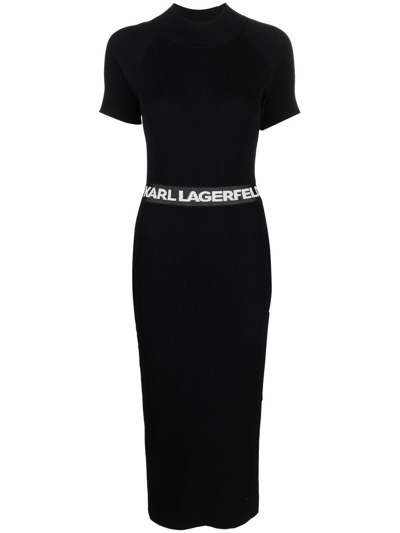 Karl Lagerfeld Logo-waist Knitted Dress In Black