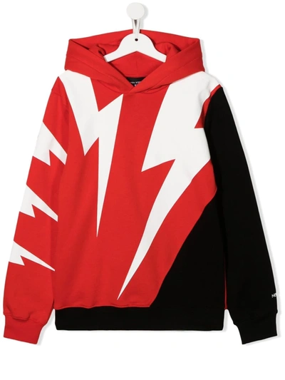 Neil Barrett Kids' Thunder Print Cotton Sweatshirt Hoodie In Rosso/red