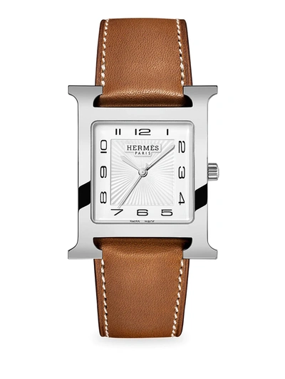 Hermes Heure H 34mm Stainless Steel & Leather Strap Watch In Natural