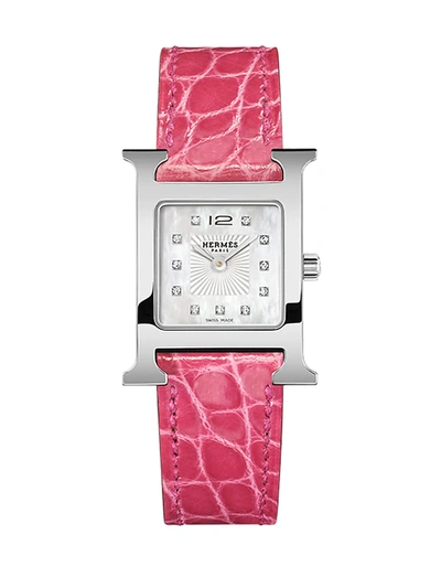 Hermes Heure H 25mm Stainless Steel, Diamond & Alligator Strap Watch In Pink