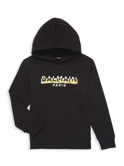 Balmain Kid's Logo Patch Contrast Sleeve Detail Hoodie In Black